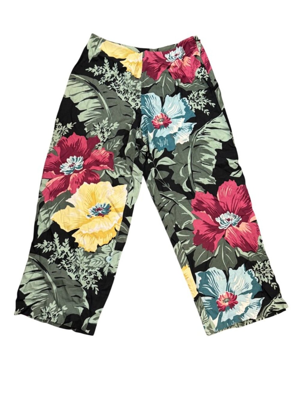 Tommy Bahama Floral Wide-Leg Pants Womens 2 Black Multicolor Tropical 100% Silk